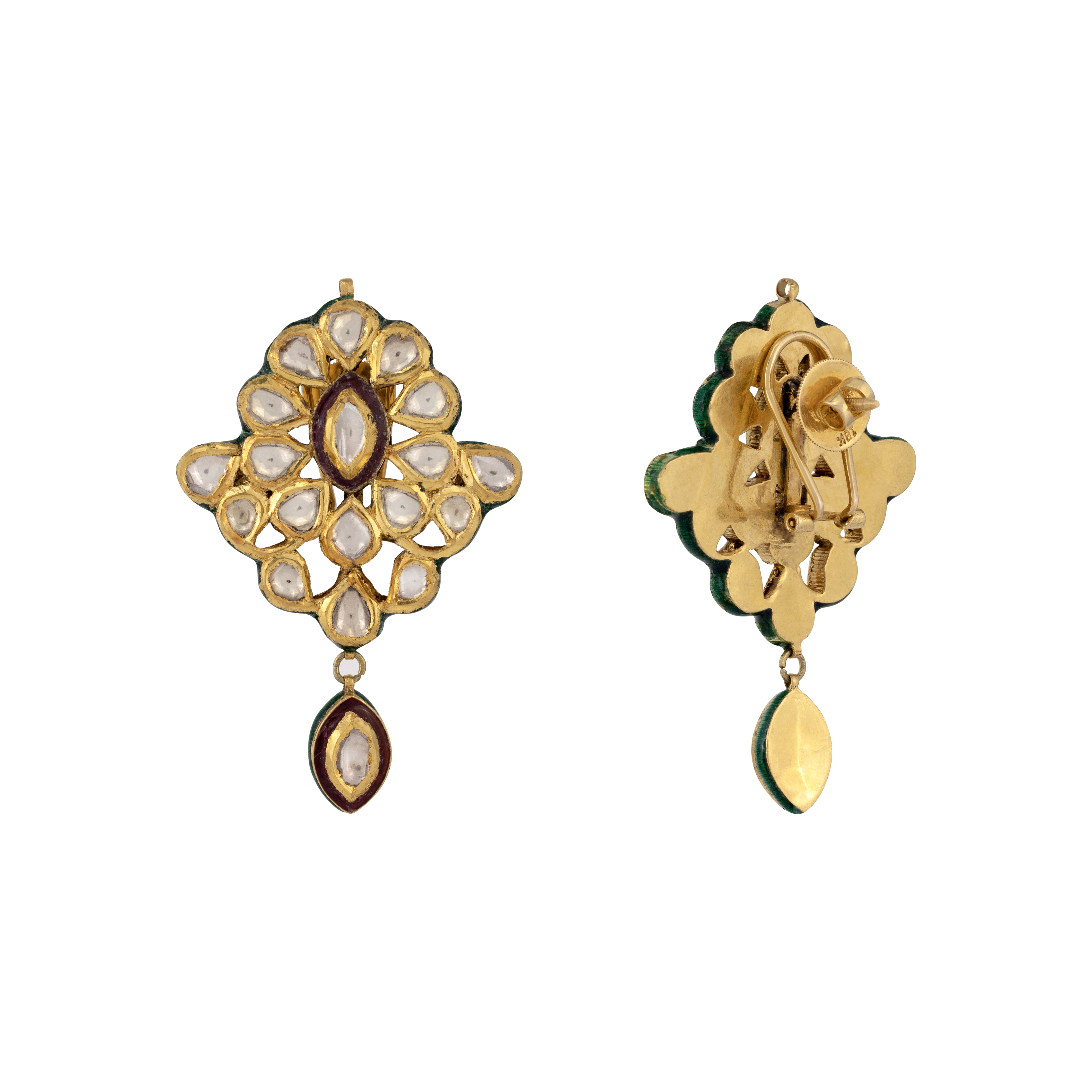 Floral Polki Earrings with Green and Red Meenakari